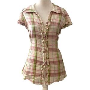Vanity Y2K Plaid Ruffle Button-Up Top